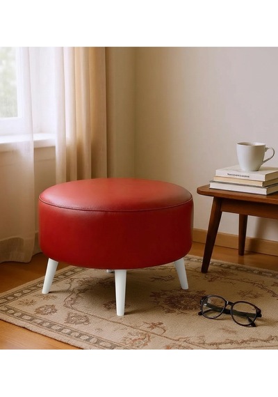 Waterybrook Suni Deri Puf Large - Beyaz Ahşap Ayaklı - Retro Modern Tasarım - Dekoratif Sehpa Kırmızı