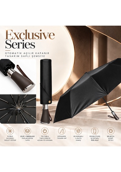 Aventus Exclusive Series - Otomatik Açılır Kapanır Tasarım Saplı Şemsiye Siyah
