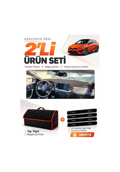 Kia Ceed 2020-2025 Uyumlu Torpido Örtüsü + Tay Tüyü Bagaj Çantası + Sticker Seti - Siyah Kırmızı