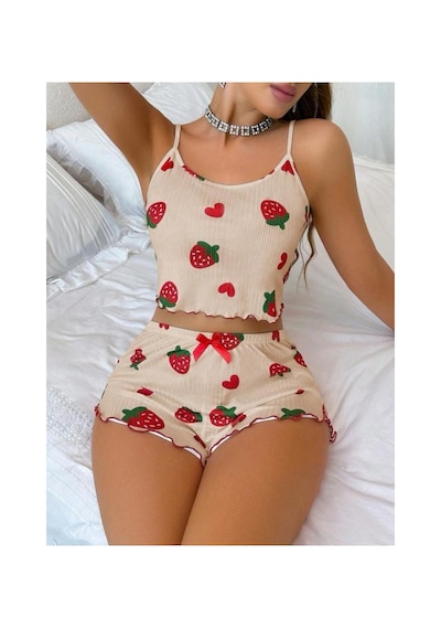 Selveta Kadın Penye İp Askılı Şortlu İnce Gecelik Pijama Takımı Çok Renkli
