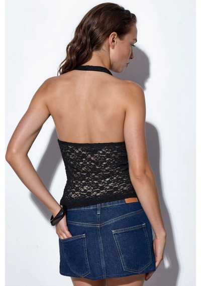 Hiccup Busem Kadın Payetli Halter Crop Bluz Siyah