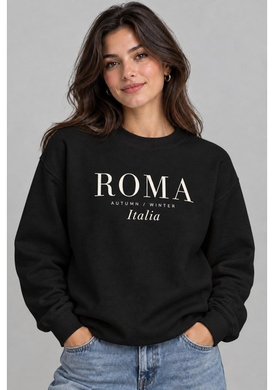 Gıovera Roma Şehir Koleksiyonu Pamuklu Bisiklet Yaka Kadın Sweatshirt siyah