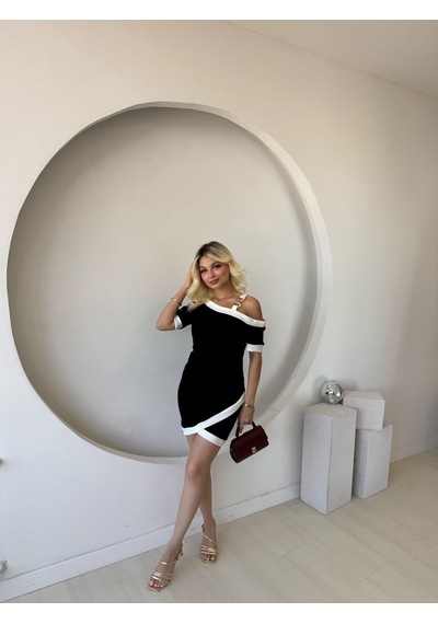 Veraura Lifestyle Kadın Kısa Kollu Asimetrik Kesim Yaka Şerit Ve Aksesuar Detaylı Modal Elbise Siyah