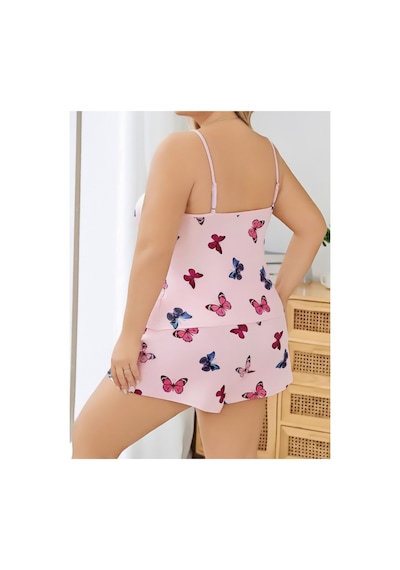 Lily Bianca Nightwear Çilek Desenli Askılı Ve Şortlu Büyük Beden Penye Gecelik Beyaz