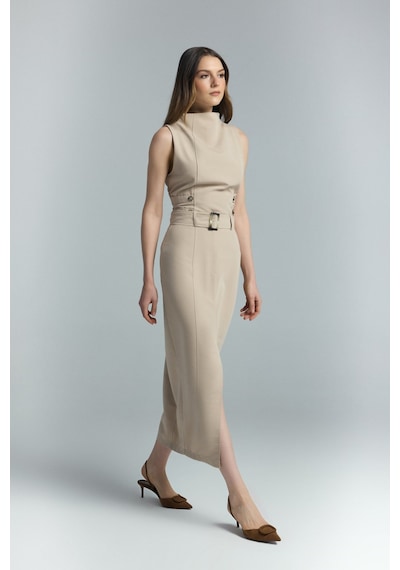 Sateen Jessi Yırtmaçlı Etek - Camel-137286