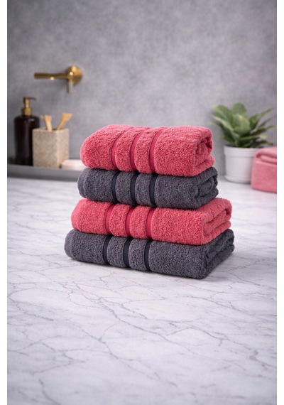 4'lü Pamuklu Banyo Havlu Seti 70x140-50x70 Antrasit - Pembe