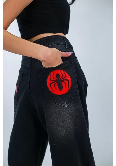 Paradise Spider Nakışlı Baggy Jean Siyah Çok Renkli