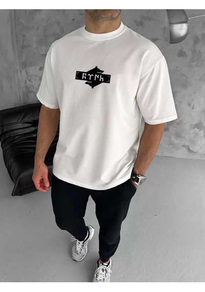 Unisex Bisiklet Yaka Baskılı Double Oversize T-shirt - Beyaz