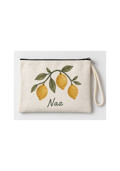 Kişiye Özel Limon Dalı Baskılı Fermuarlı Makyaj Çantası Bozuk Para Cüzdanı Clutch