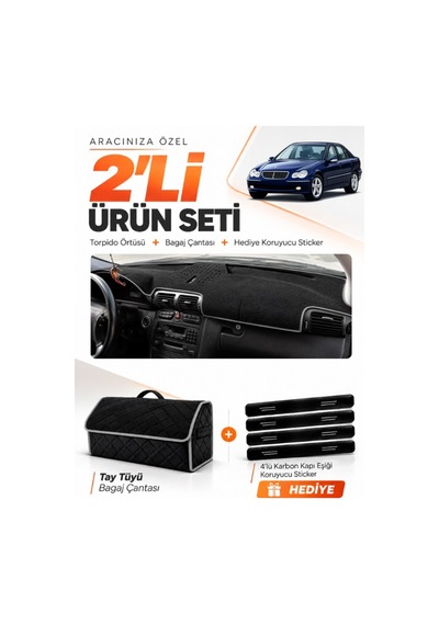Mercedes W203 C-class 2000-2007 Uyumlu Torpido Örtüsü + Tay Tüyü Bagaj Çantası Seti - Siyah Gri
