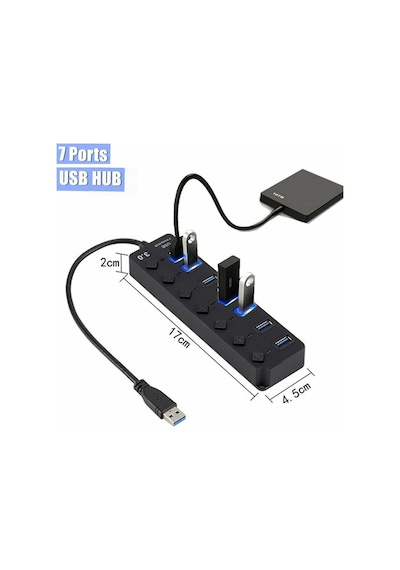 7 Port Usb 3.0 Çoklayıcı Hub 30cm Kablo 5gbps On Of Tuşlu Işıklı 7ports Usbhub