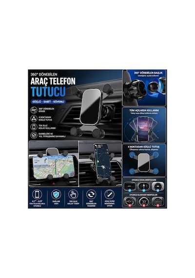 Araç İçi Telefon Tutucu Havalandırma Çıkışı Klipsli Car Holder Yatay Ve Dikey Kullanabilme Siyah