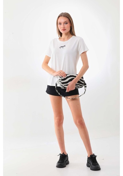 Sistas Kadın Zebra Desenli Kısa Kol Bluz 23118 Ekru