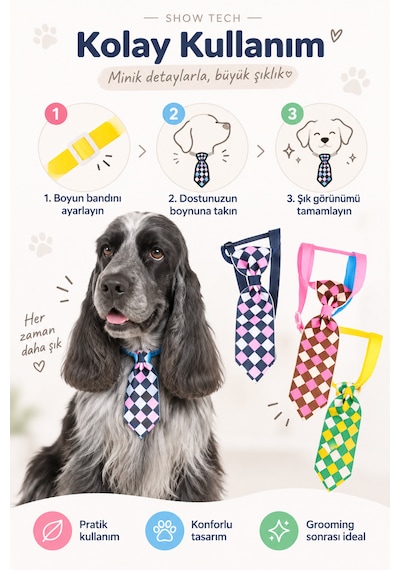 Showtech Kedi Ve Köpek Damalı Desenli Kravat Boyun Aksesuarı 10'lu Paket