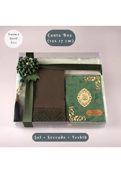 Şal + Seccade + Tesbih + Yasin Hediye Seti Çanta Boy, Şems Lafzatullah, Raşel Cilt, Yeşil
