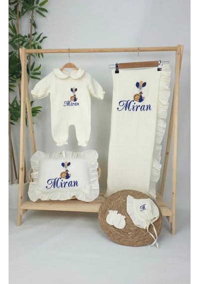 Gros Shop Müslin Yeni Doğan 4katlı Organik %100pamuk Kişiye Özgü Nakışlı Hastane Çıkış Seti Balonlu Aslan-4 Ekru-2