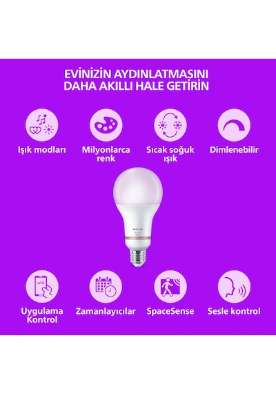 Philips Smart Lighting Led Ampul A60 E27 60w Eşdeğer Rgb 2'li Paket - Google Home, Alexa, Homekit Ve Matter Uyumlu Çok Renkli