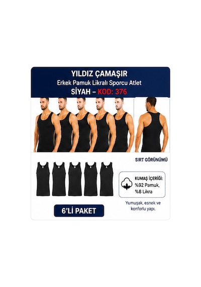 Yıldız Çamaşır Erkek Pamuk Likralı Sporcu Atlet 375-376-377 - 6 Adet Siyah