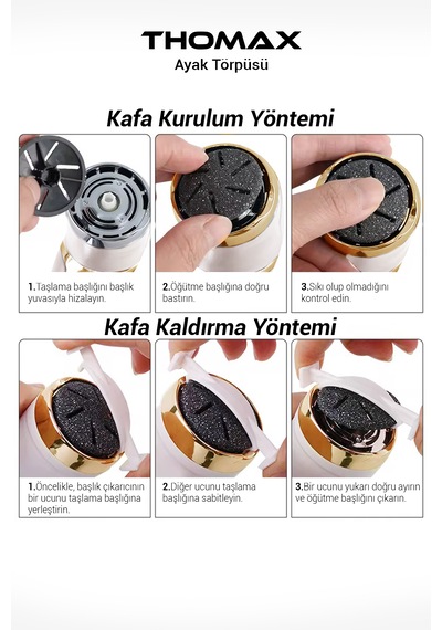 Thomax Şarjlı Topuk Nasır Giderici 2 Kademeli 3 Başlıklı Yıkanabilir Ayak Törpüsü Ayak Bakım Seti
