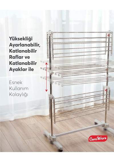 Home Lite Premium 3 Katlı Çamaşırlık Made in Korea Tekerlekli Çamaşır Kurutmalık Eco Gri