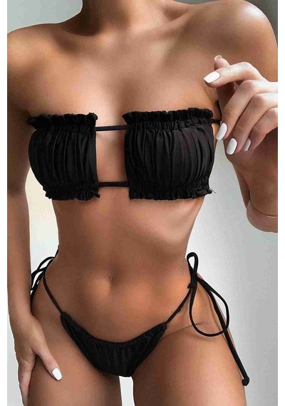 Espontanet Brezilya Model Büzgülü Bağlamalı Bikini Takım Siyah 001