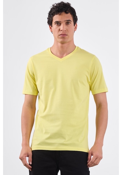 Dufy Sarı V Yaka Pamuklu Düz Renk Slim Fit Erkek T-shirt Sarı