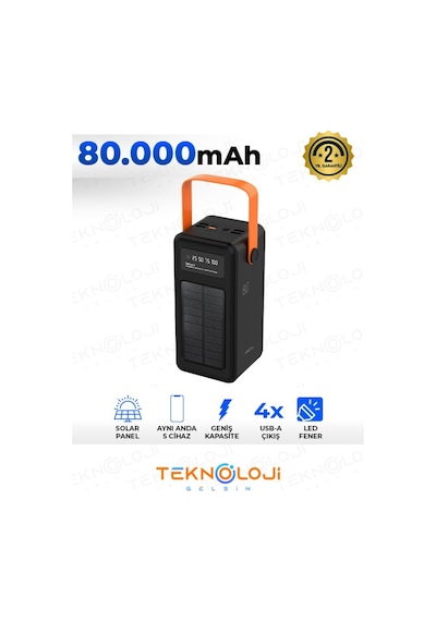 Güneş Enerjili Solar Powerbank 80.000 Mah Dijital Göstergeli El Fenerli 4 Çıkış Taşınabilir Batarya Siyah