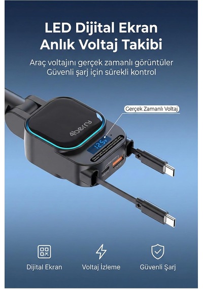 Sc07 96w Araç Şarj Cihazı Pd3.0 & Qc3.0 Hızlı Şarj, Çift Toplanabilir Kablo Type-c + Lightning , Led Ekran,