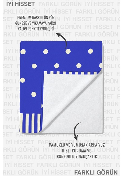 Puantiyeli Çizgili Mavi Plaj Havlusu - Marine Modern Lacivert Beyaz Hızlı Kuruyan Mikrofiber Havlu Çok Renkli