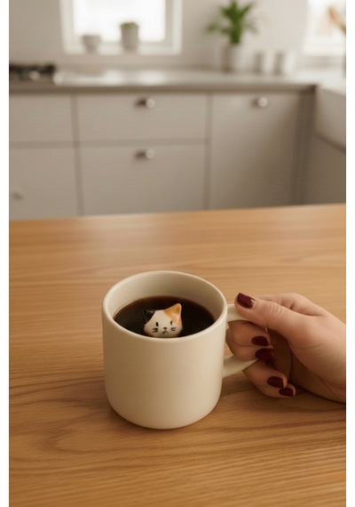 Kedi Figürlü 250 Ml Seramik Çay Kahve Kupası Mıt1270 Beyaz