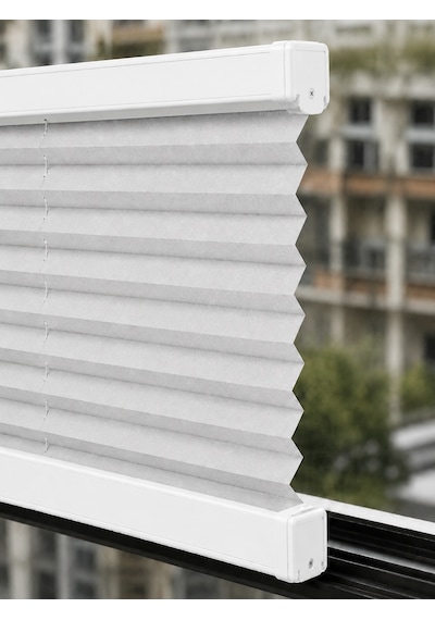 %100 Karartma Plise Perde Açık Gri Kumaş + Beyaz Profil Kasa Cam Balkon Perdesi