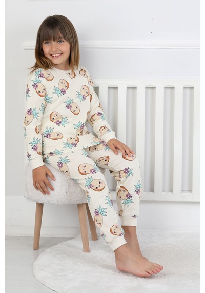 Cute Ananas Desenli Kız Çocuk Pijama Takımı Ekru