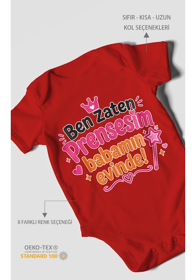 Morivokids Ben Zaten Prensesim Babamın Evinde Kısa Kollu Bebek Body %100 Pamuk Kırmızı