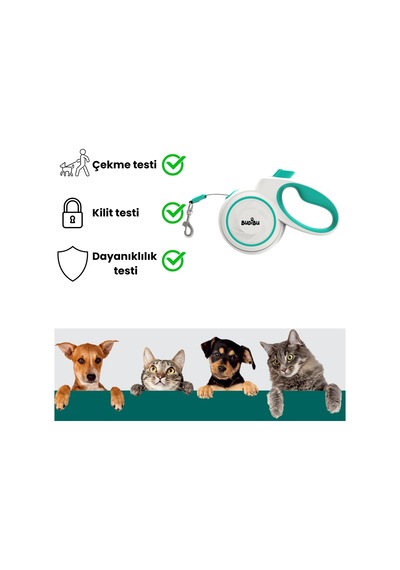 Makaralı Otomatik 5 Metre Geri Çekilebilen Kedi Köpek Gezdirme Tasması Xs/s/m Beyaz, Turkuaz