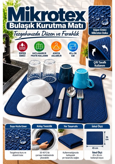 Lacivert Bez Mikrotex Bulaşık Kurutma Matı 45x36 Cm Süper Emici Katlanabilir Tezgah Üstü Kurutma Mat