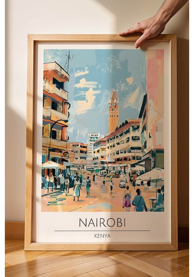 Kenya Nairobi Temalı Çerçeveli Tablo Travel Serisi Modern İllüstrasyon Şehir Duvar Dekoru Kayın