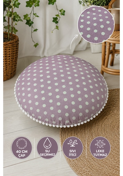 Yuvarlak Minder 40 Cm Çap Dekoratif Puantiyeli Minder Beyaz Ponponlu Leke Tutmaz Su Geçirmez Çok Renkli