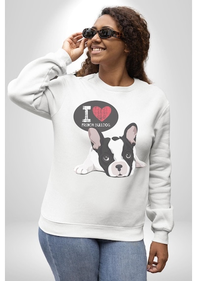 Seni Seviyorum Bulldog Unisex Beyaz Baskılı Sweatshirt Beyaz