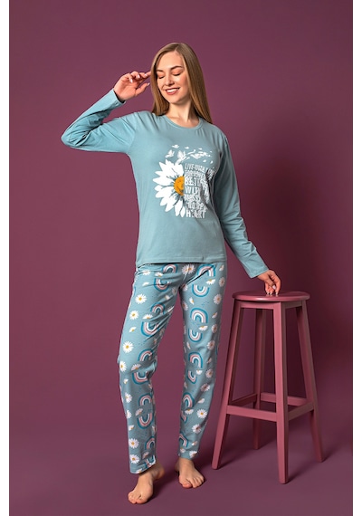 Nisanca Mevsimlik Uzun Kollu %100 Pamuk Kadın Pijama Takımı- Desenli Kadın Pijama mavi