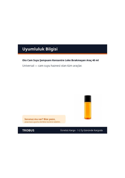 Trobus Oto Cam Suyu Şampuanı Konsantre Leke Bırakmayan Araç 40 Ml