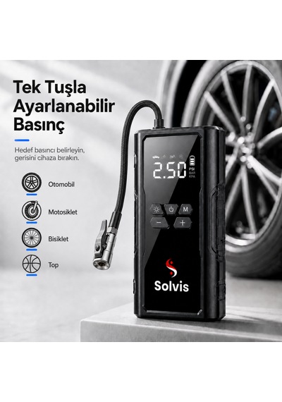Solvis 4'ü 1 Arada 12v Akıllı Akü Takviye Cihazı, Lastik Şişirme, Powerbank Ve Led Aydınlatma Çanta Hediyeli