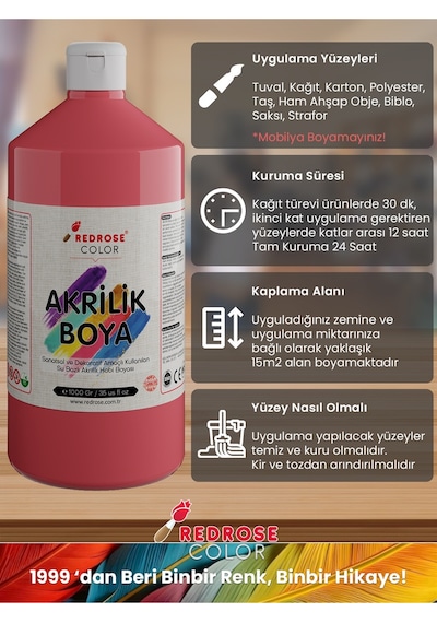 Red Rose Tüm Renkler Akrilik Boya 12'li Set 12 x 1 KG