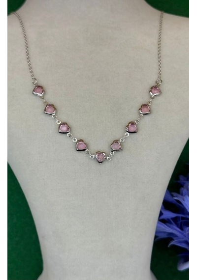 Kadın Gümüş Renk Kalpli Zirkon Taşlı Şık Tasarım Kolye 45 Cm Pembe