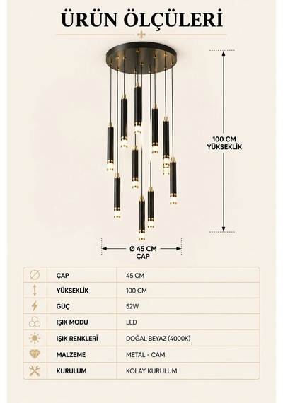 Modern Premium 10'lu Ledli Sarkıt Avizesi 52w 4000k Siyah Salon Mutfak Şık Modelleri 100 Cm