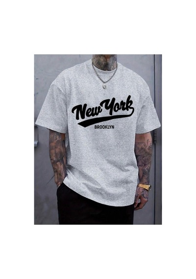 Medinenur New York Baskılı Basic T-shirt Gri