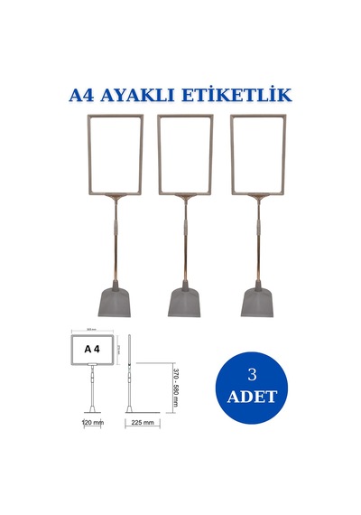 3 Adet Gri A4 Ayaklı Etiketlik Sepet Etiketi Çerçeveli Etiketlik Gri