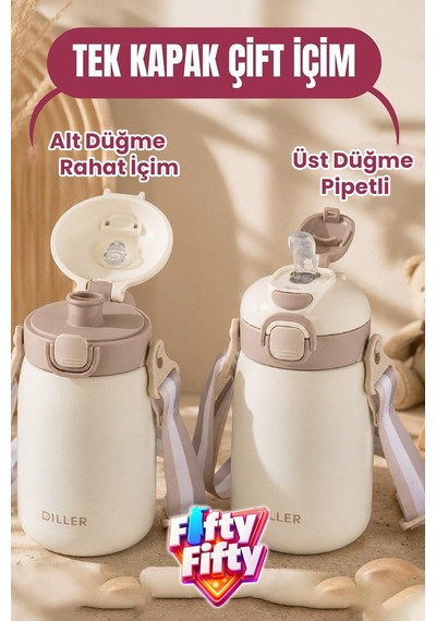 Dıller 420 Ml Pipetli/pipetsiz Tek Kapak Çift Kullanım Askılı Çelik Termos Su Matarası 6 Saat Sıcak/soğuk Pudra