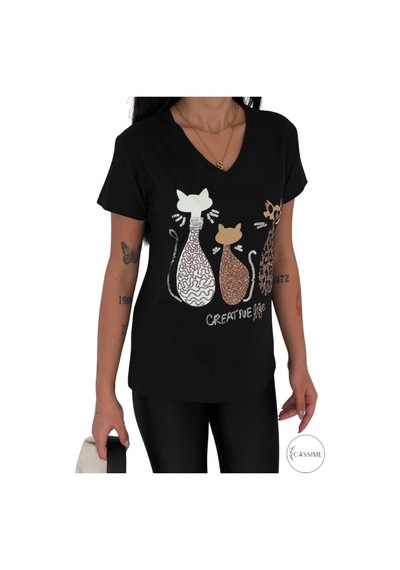 Cassime Kadın Siyah V Yaka 3 Kedi Pul Payet İşlemeli %100 Pamuk Büyük Beden Tişört Xl-2xl-3xl Cassime Kadın Siyah V Yaka 3 Kedi Pul Payet İşlemeli %100 Pamuk Büyük Beden Tişört Xl-2xl-3xl