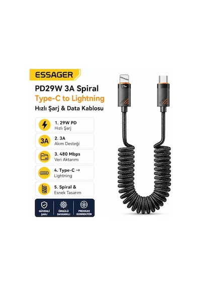 Essager Pd29w 3a Type-c To Lightning Spiral Hızlı Şarj Ve Data Kablosu L Örgülü Esnek Araç İçi Apple iPhone Uyumlu Şarj Kablosu
