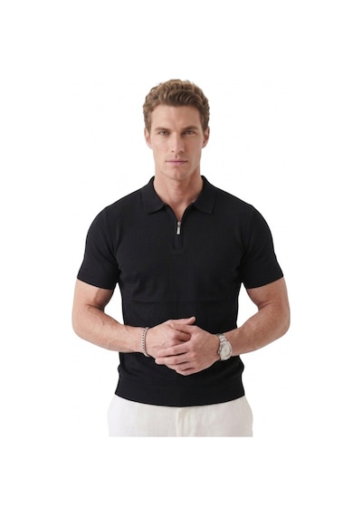 Deepsea Erkek Siyah Slim Fit Nefes Alan Pamuklu Polo Yaka Tişört Dar Kesim Likralı Triko Tişört 2505001 Siyah